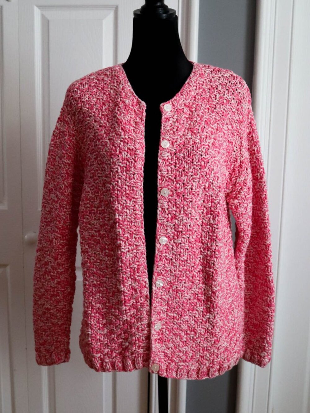Vtg Talbots Petites Hand Knit Cardigan Sweater Basketweave Marled Sz M Pink